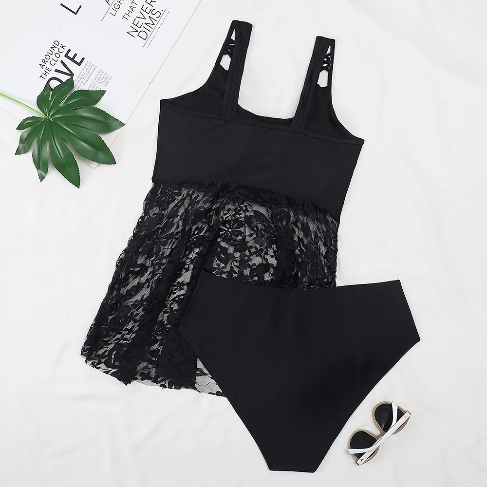 

2022 New Design Sexy Plus Size Transparent Lace Two Piece Bikini Set Beachwear High Waist Skirt Swimsuit Women Bandeau Swimwear
