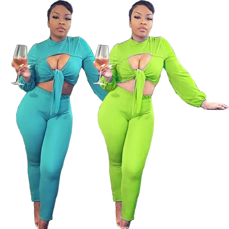

Hollow out sexy solid color plus size suit 2 piece pant set clothing women