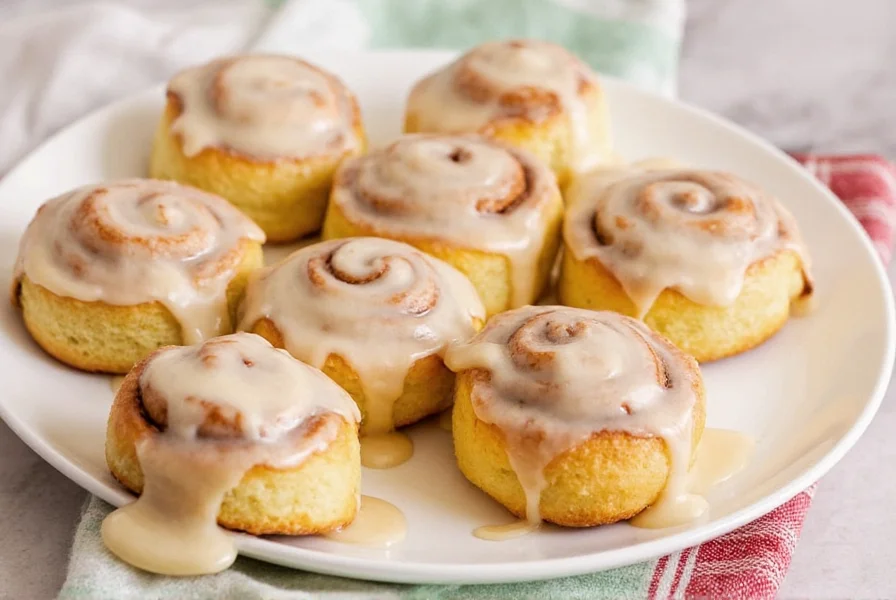 Close-up of freshly baked Mrs. Baird's cinnamon rolls with melted icing drizzled over golden brown pastry