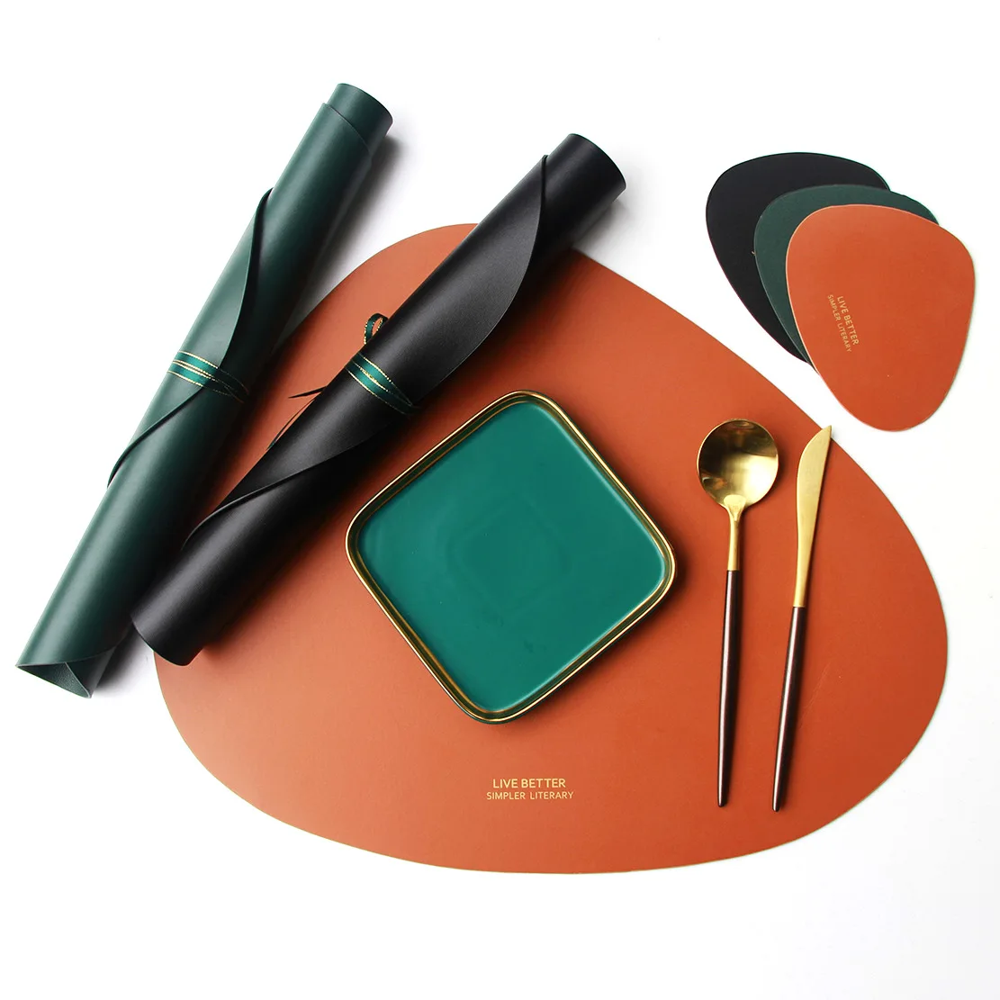 

Kitchen Restaurant Unique Luxury Dinner Table Mat Waterproof Coffee Washable PU Leather Placemats and Cup Mat, Black, brown, white, green
