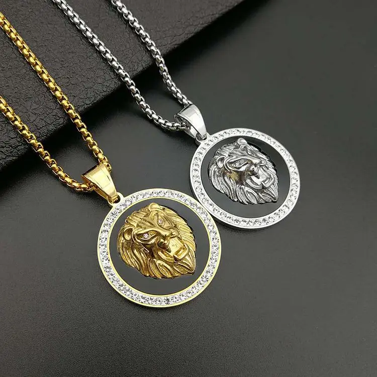 

Top Selling Men's Vintage 18K Gold Plated Lion Head Necklace 316L Stainless Steel Diamond Crystal Lion Head Pendant Necklace