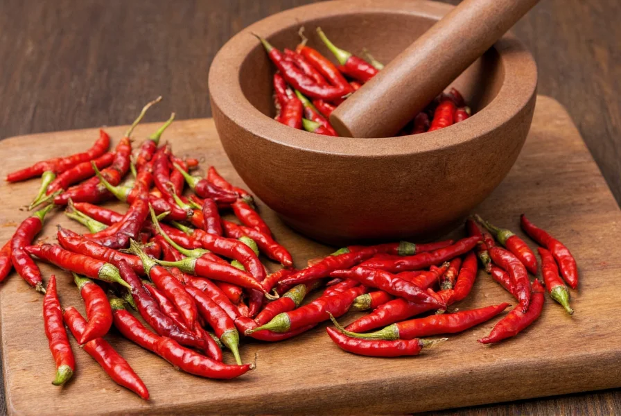 Various dried chili peppers arranged on wooden cutting board with mortar and pestle