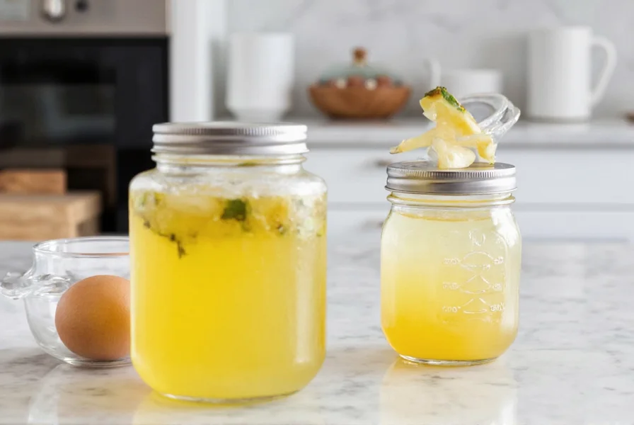 Glass jar with fresh pineapple ginger juice next to measuring ingredients on kitchen counter