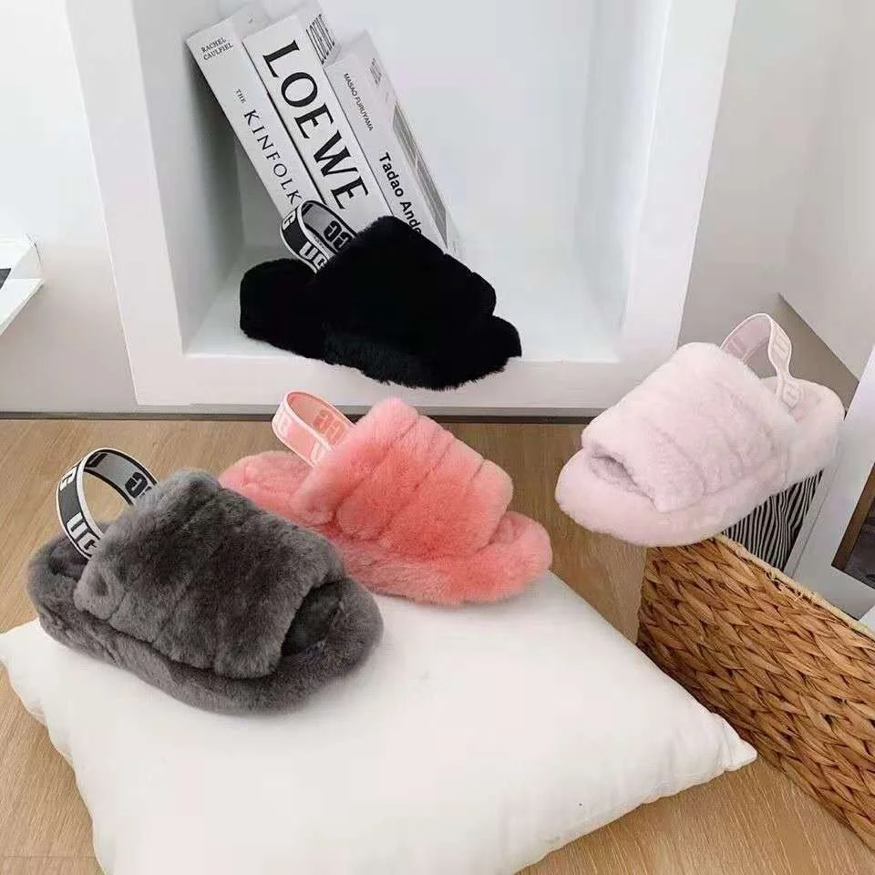 

2021 new style kids sandals Real Wool Fur Slippers Uggging slippers OEM for girls indoor children slippers, Black