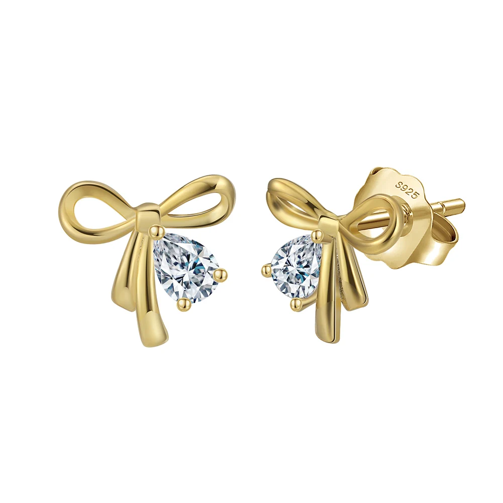 RINNTIN SE409 14K Gold Plated Bow Korean Earrings Cute Minimalist 925 Sterling Silver CZ Stud Earrings for Women