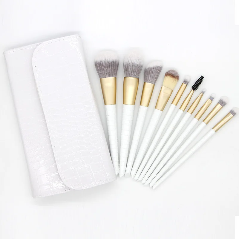 

10pcs makeup brushes with bag makep foundation/eyebrow brushes crocodile pattern cosmetic brush set for flawless- contour, Black/white