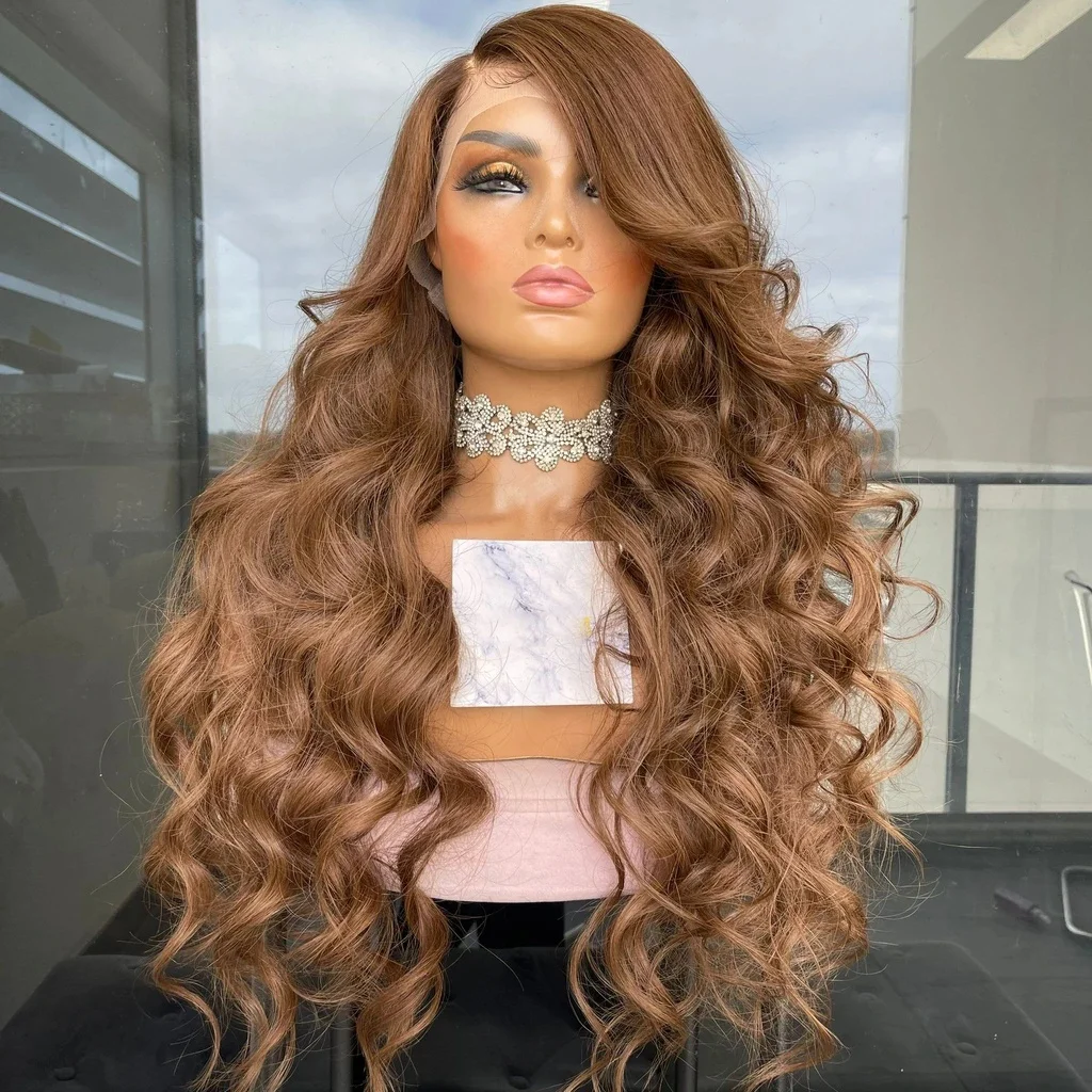 

30Inch Long Wavy Medium Brown 250Density Lace Frontal Human Hair Wigs For Black Women Glueless Babyhair Lace Front Wigs Remy