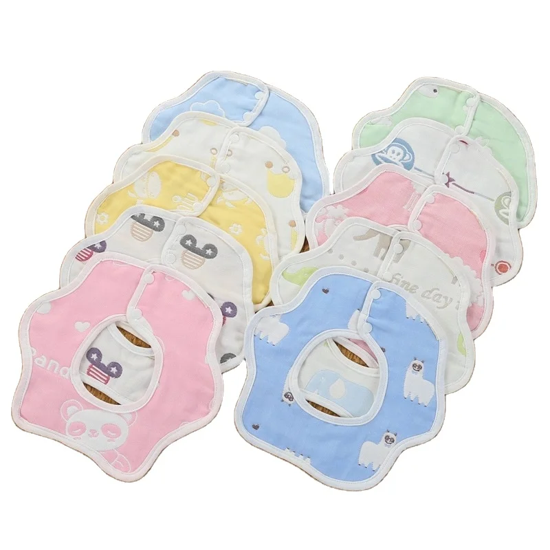 

U-shaped six-layer gauze rice pocket cartoon jacquard cotton kindergarten newborn U-shaped Bib, Green pink blue and customized