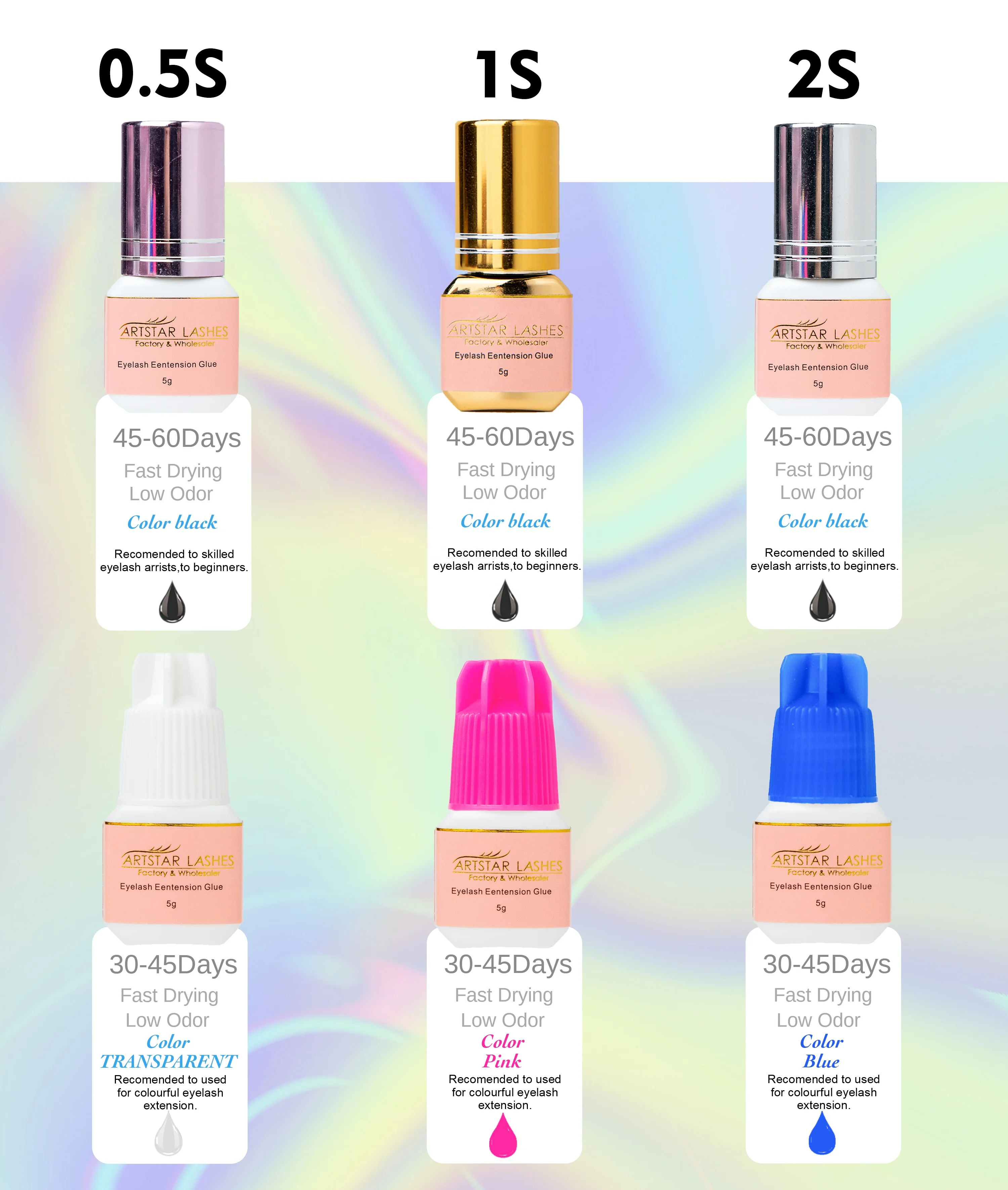Wholesale Eyelash Glue Waterproof and Oilproof Fast Dry Clear /Pink /Blue Color Lash Extension Adhesive