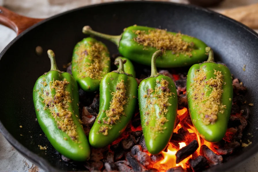 Fresh poblano peppers being roasted over open flame, developing charred skin, ready for making creamy poblano pepper rice
