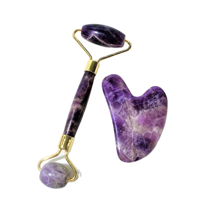 

2020 new design cheap amethyst roller and guasha in a box jade guasha face beauty equipment, Purple roller gua sha set