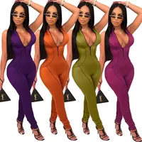 

OB4075 women stylish zip up bodycon bandage jumpsuit
