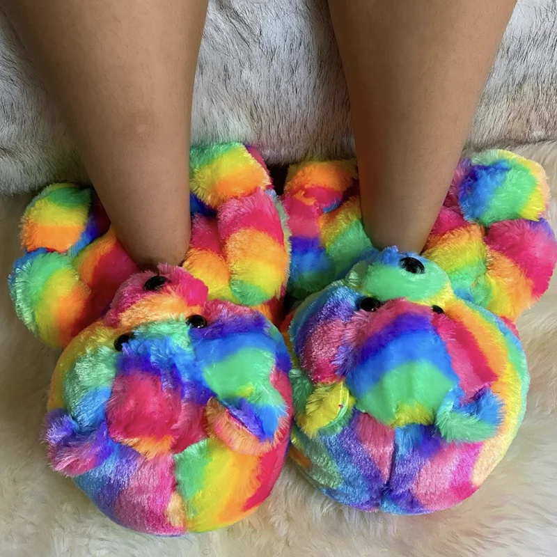 

multi-color fluffy Cartoon animal kids teddy bear slippers  fits all