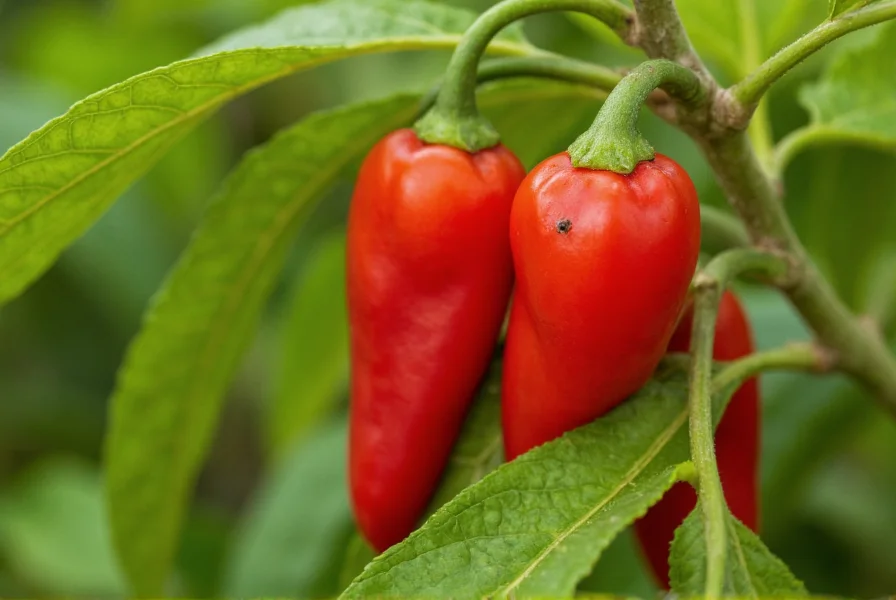 Close-up view of red ghost peppers growing on plant in tropical climate, vibrant colors, detailed texture