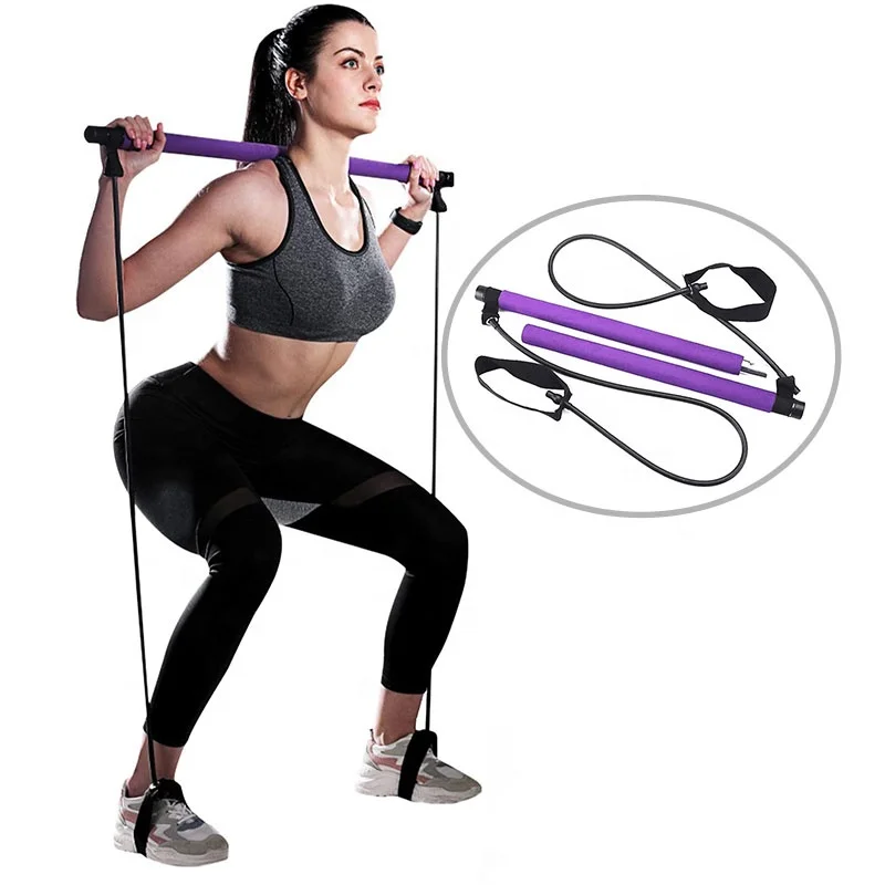 

Portable Body Building Pilates bar kit with Resistance Band / Yoga Exercise stick Workout /Pilates Stick Muscle Toning Bar, Pink purple