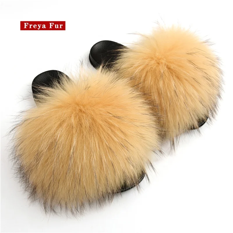 

Custom Racoon Fur Slides Real Raccoon Fur Fluffy Slippers Big Real Raccoon Fur Slides For Women