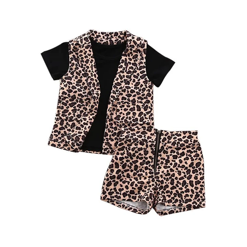 

Wholesale 3 piece black short sleeve top leopard vest shorts summer fashion girls clothing sets, As picture show