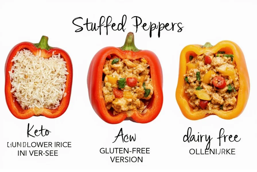 Variations of chicken stuffed peppers showing keto version with cauliflower rice, gluten-free version, and dairy-free alternative
