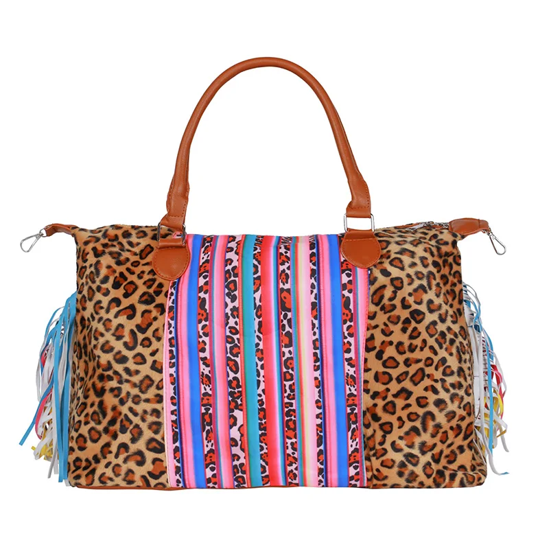 

Free Shipping Serape Leopard Fringe Weekender Boutique Bag Personalized Women Serape Canvas Overnight Bag with Tassel for Lady, Serape&leopard,leopard,rainbow,sunflower,etc.