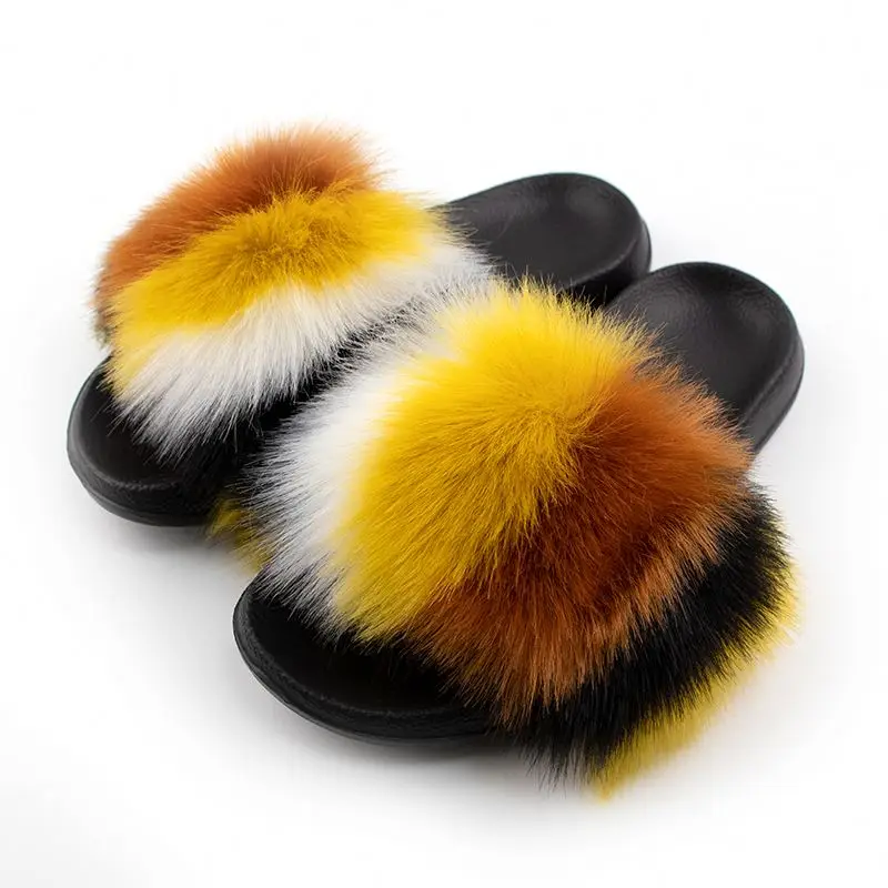 

Wholesale Latest Women Summer Colorful Faux Fur Real Fox Fur Slides, Warm Winter Soft Ladies Fur Slide Slippers for Women, Customized color