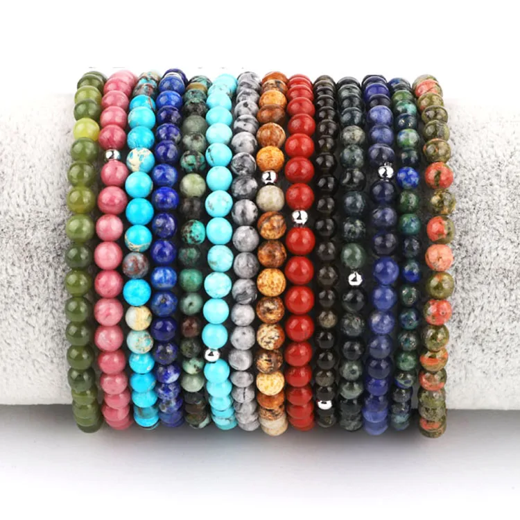 

High quality 4mm natural semi-precious stone 925 sterling silver beads elastic bracelet for women