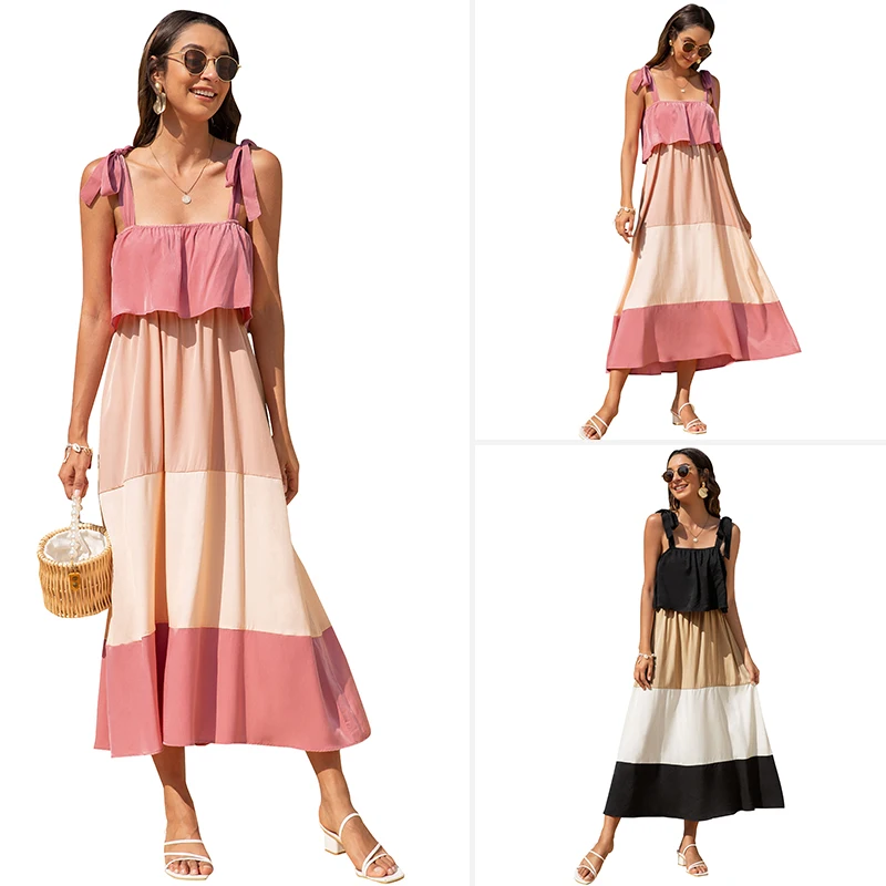 

2021 new summer sexy strap tiered top tank color block beach maxi sun dress, 2 colors