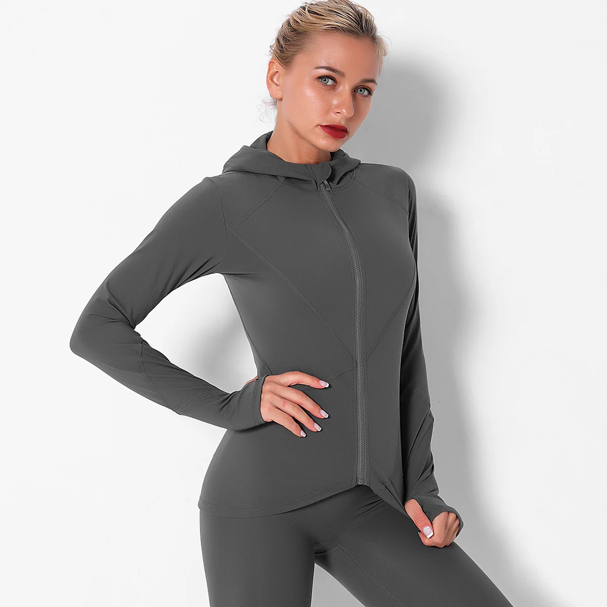 

2021 Hot sale autumn and winter solid color sexy sports zipper jacket yoga clothes quick-drying running fitness long sleeves, Picture shows