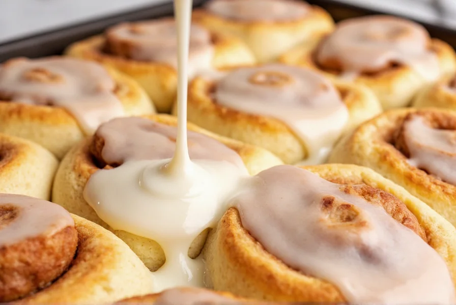 Close-up of smooth, creamy cinnamon roll icing being drizzled over freshly baked cinnamon rolls with visible swirls