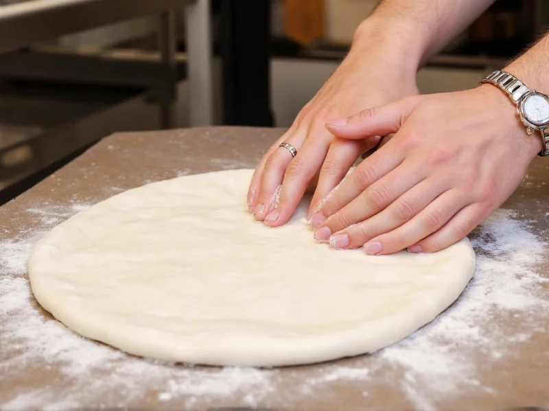Quick pizza dough being stretched on floured surface