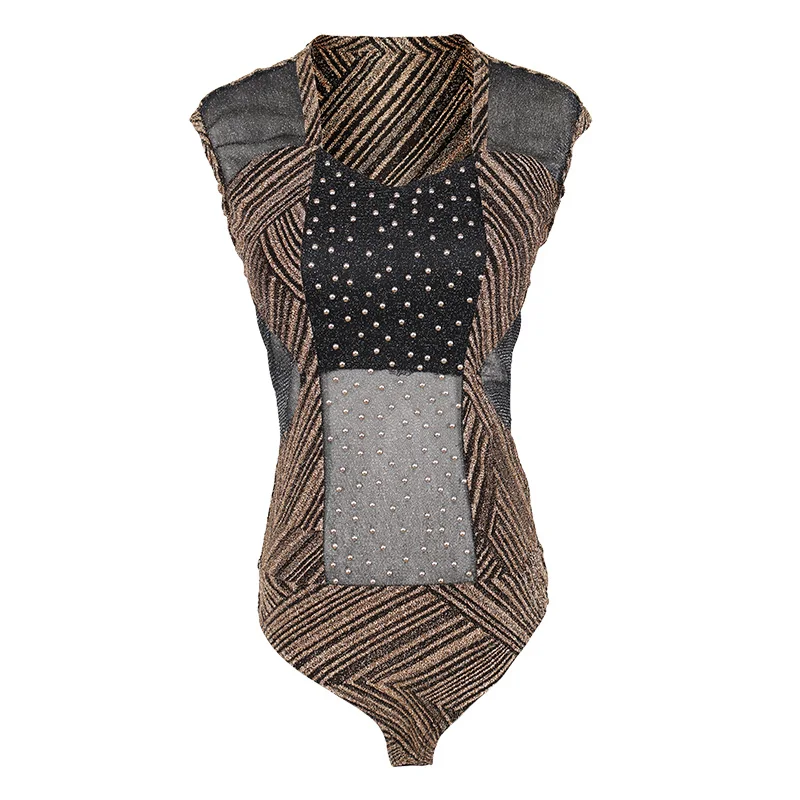 

SQ 3076 2021 New Design Sexy Women Mesh Velvet Rompers Turtleneck short Sleeve Bodysuits For Women, Brown