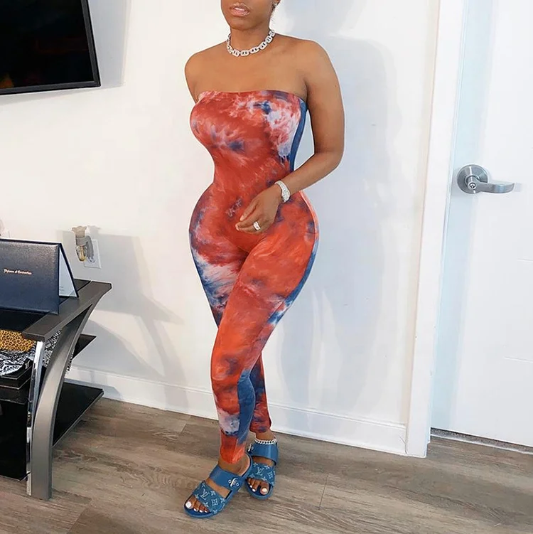 

amazon hot summer tie dye rompers jumpsuit pants sexy strapless one piece bodycon romper women's bodysuits, Red,pink