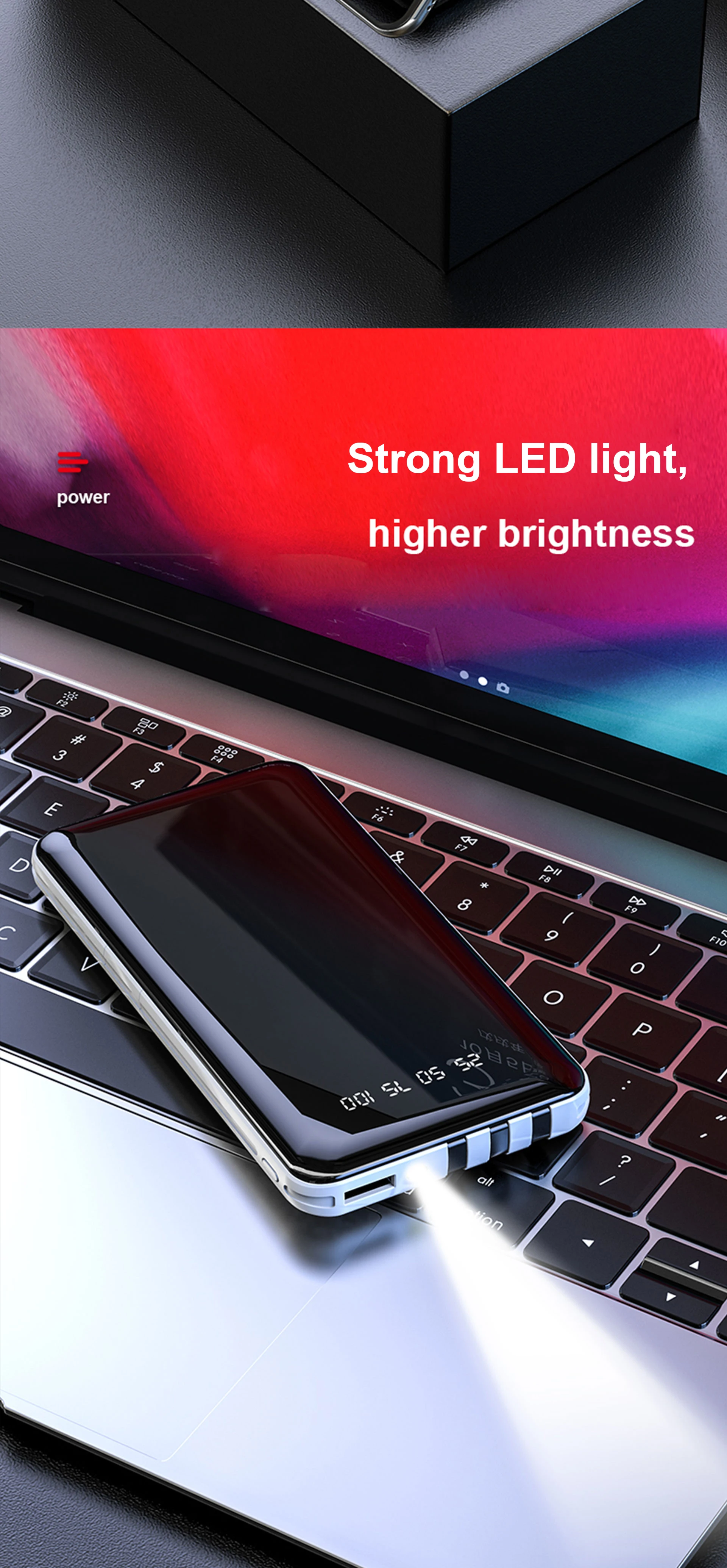 New Custom Full Mirror Screen Power Bank 10000mah LED Display, Fast Charging Power Banks, Sharing Type c powerbank with cable - ANKUX.COM