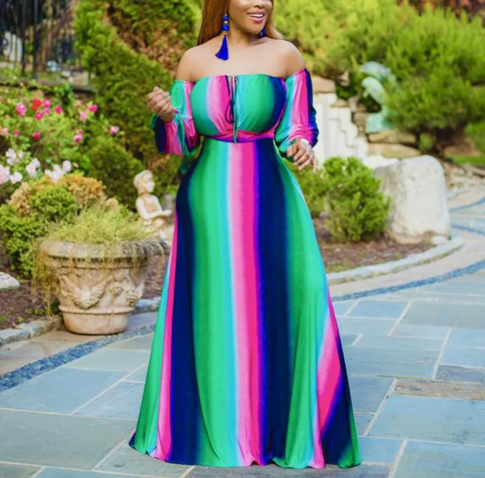 

Colorful Milk Silk Striped Print Round Neck Off Shoulder Casual Lady Dress