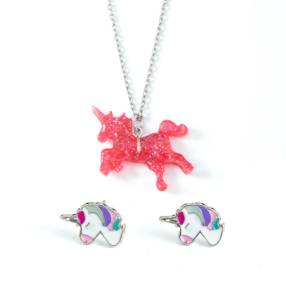 

Veijer Trendy Silver Plated Unicorn Small Stud Earrings Red Resin Unicorn Necklace For Kids, Red silver