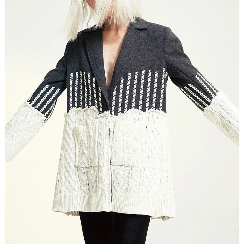 

2020 elegant knitted women coat personalized patchwork jacquard ripped hole hem tweed medium length women Blazer jacket