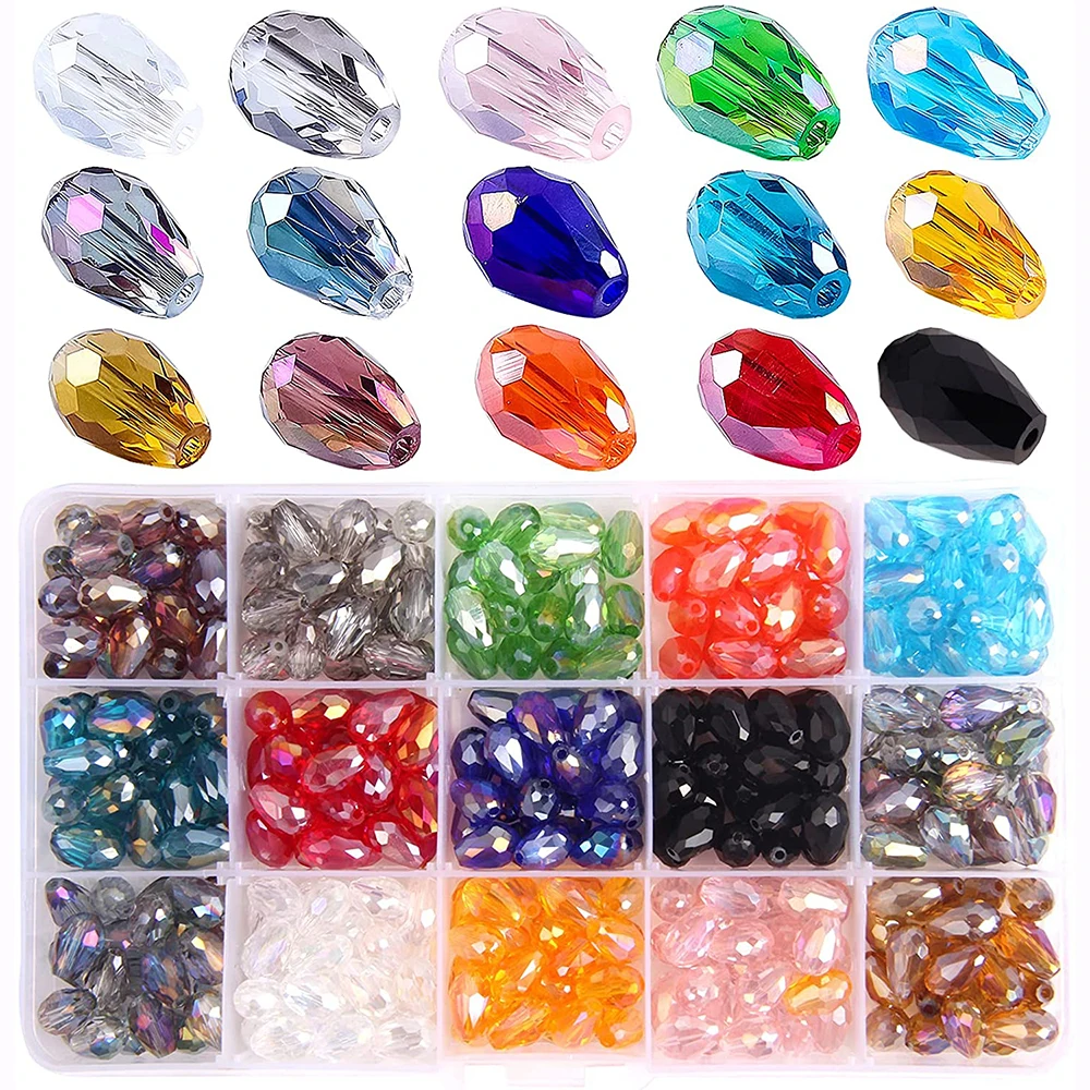 

300Pcs Faceted Teardrop Design AB Color Glass Crystal Loose Beads Set Box Kit Jewelry Making DIY