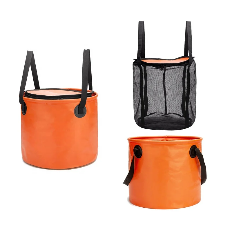 

2021 Newest Design Large Capacity PVC Foldable Bucket Fishing Box Folding Water Bucket with Lid  Fishing Net Bag