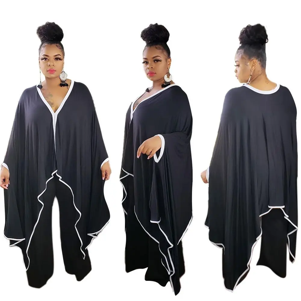 

ORPP022 Large v-neck irregular hemline plus size cape shawls women winter long sleeve two piece set women clothing, Black