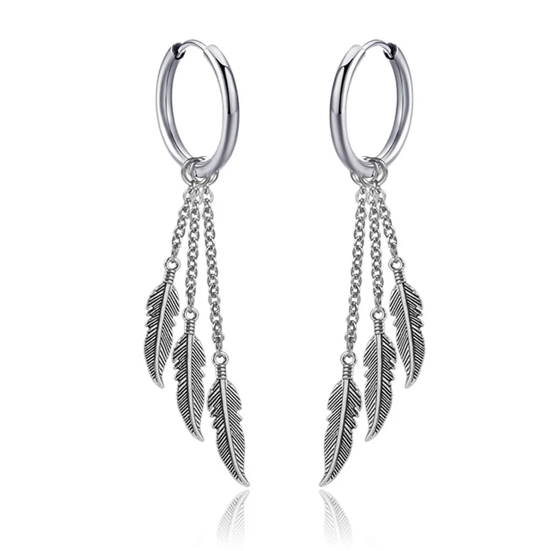 

Africa Metro 3 layers Long Chain Feather Earrings Stainless Steel Unisex Dangle Earrings For Men, Silver