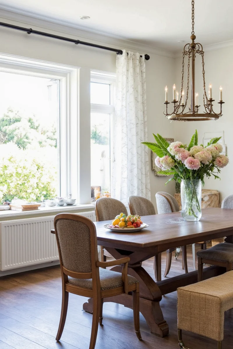 Family-friendly dining room with kids art on walls and cozy table setting