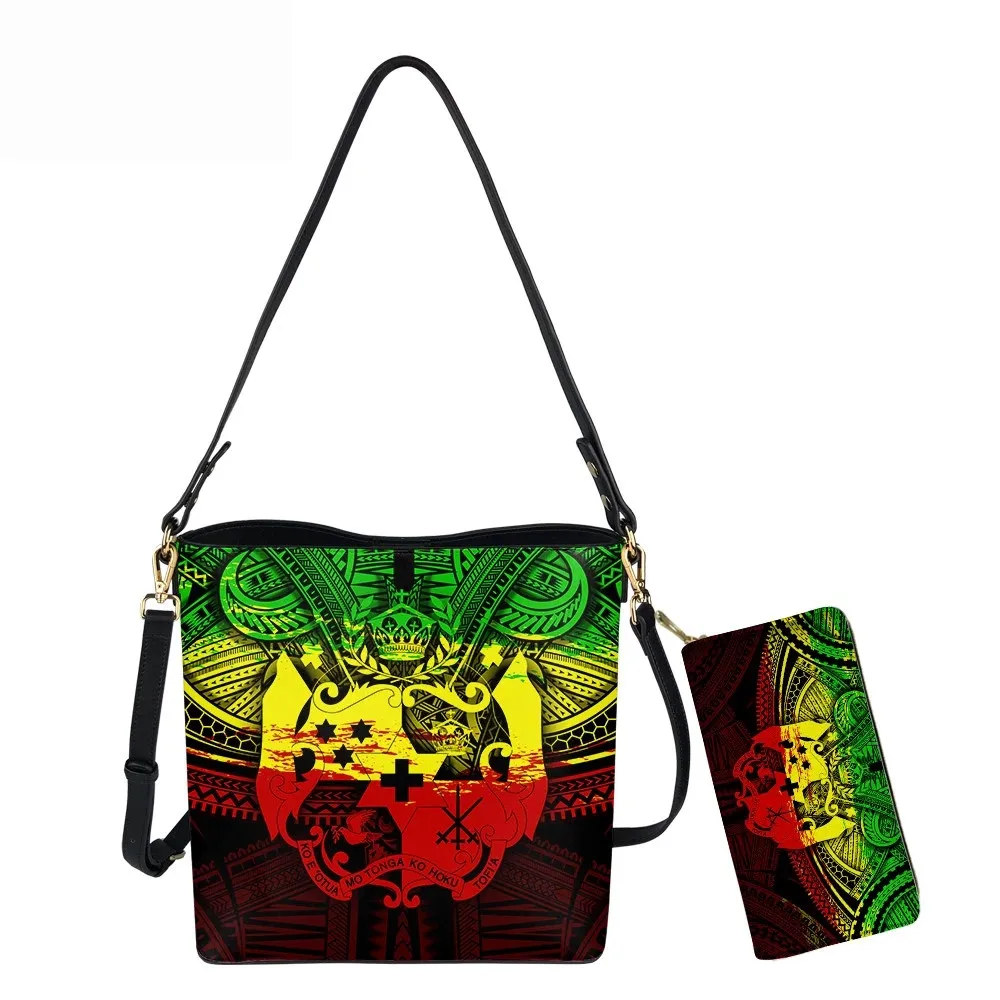 

Women bucket Shoulder bag Tonga Hawaiian Flower Tribal Women handbags pu leather messenger bags women's totes Shopping Bag