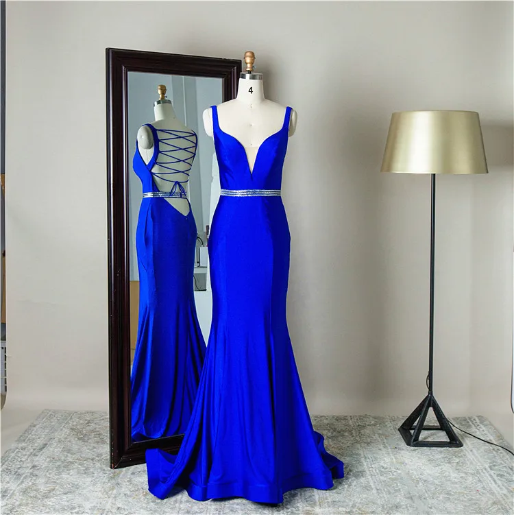 

Hot selling v neck sexy criss-cross backless mermaid blue evening prom dresses