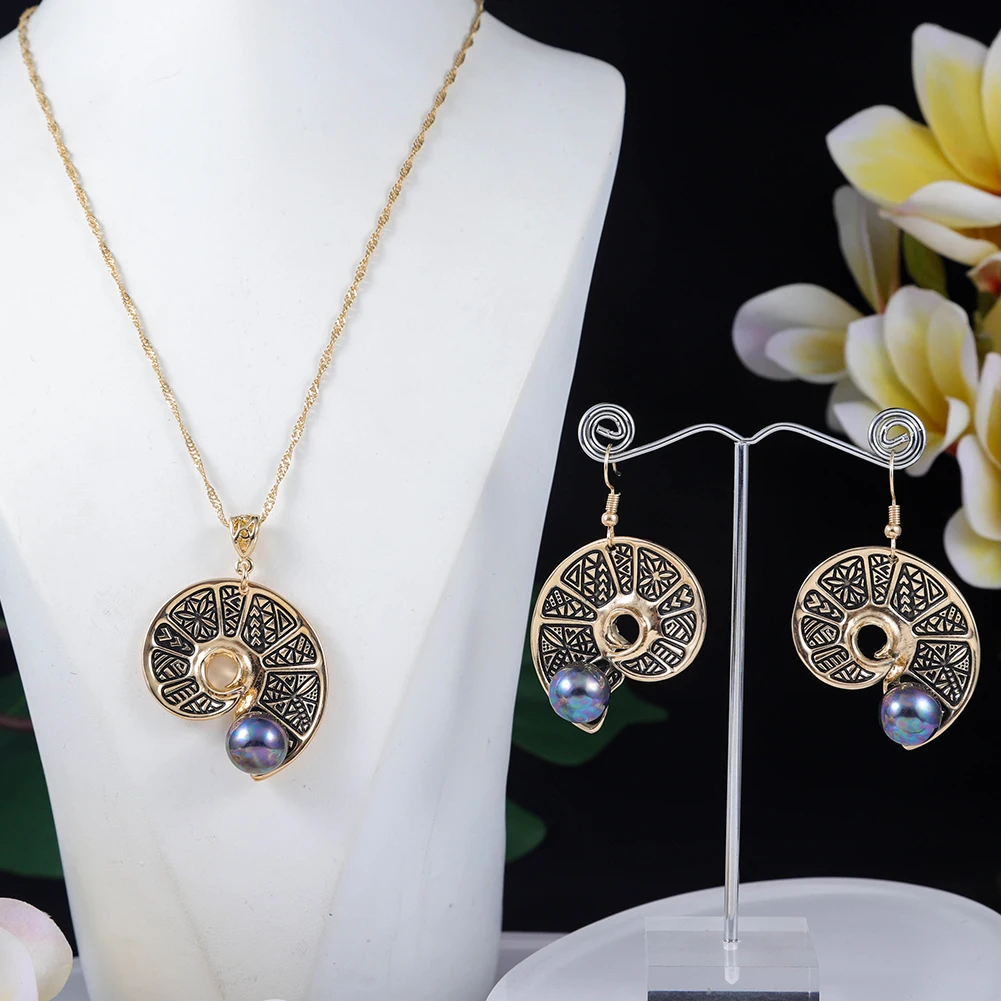 

SophiaXuan new samoan fashion cat's eye snail pearl necklace set hawaiian 14k gold polynesian hawaiian jewelry wholesale earring, Picture shows