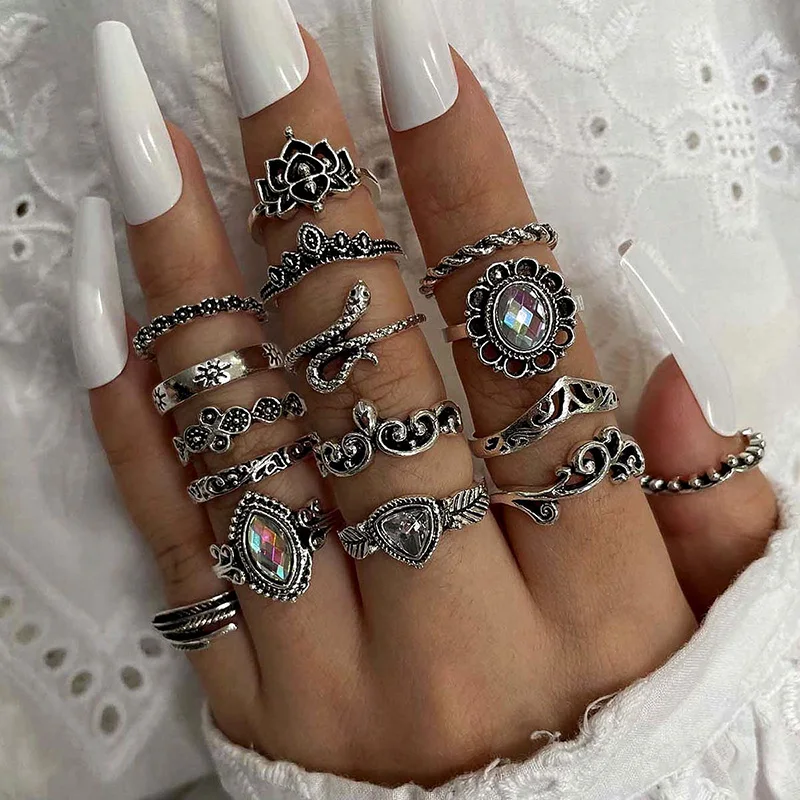 

16 Pcs/Set Couple Retro Sun Water Pattern Moire Chinese Knot Snake Ring Lotus Shield Olive Leaf Peace Ring Set Holiday Gift, Silver