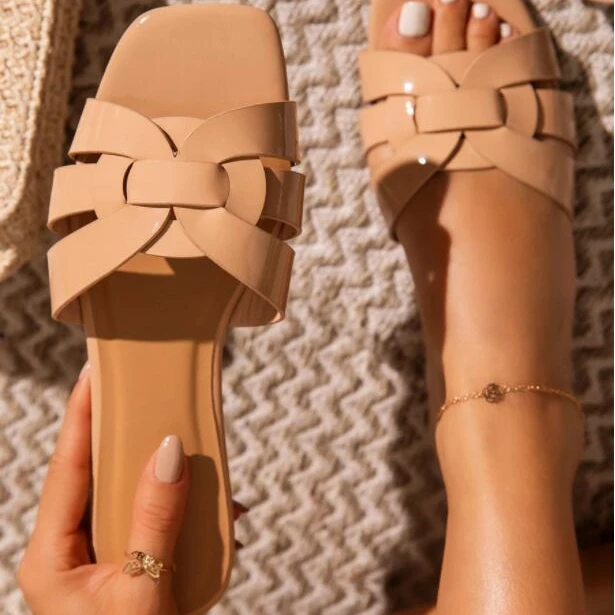 

2021 Fashion sexy weave slippers ladies flat sandals women's sandals rhinstone 2021 summer women's sandals, Black
