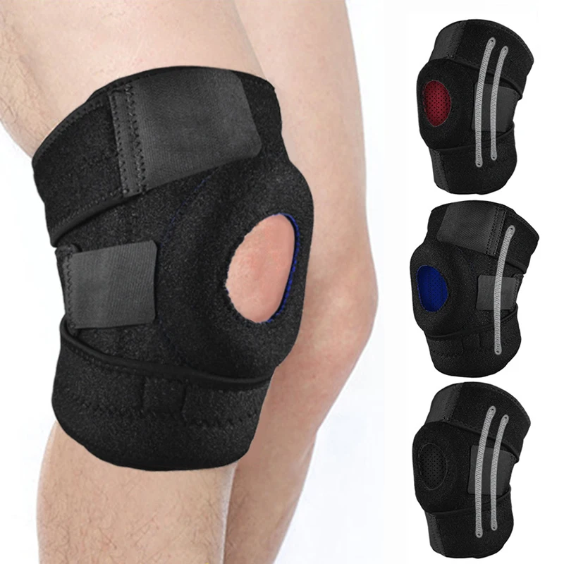 

neoprene non skid adjustable workout cycling fitness weightlifting knee joint pain relief brace wrap sleeves with spring support, Black / purple / blue / orange etc.