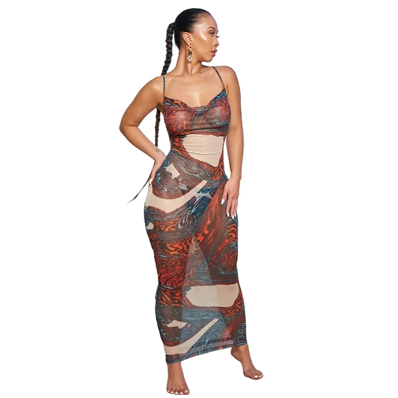 

C0201TA12 Summer Apparel Sexy Backless See Through Mesh Print Sling Long Dress Women