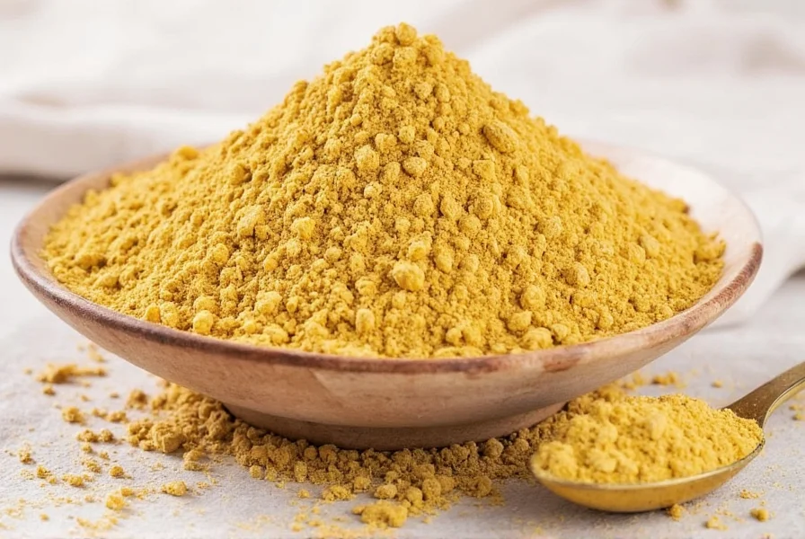 Close-up of ginger powder in a spoon with fresh ginger root