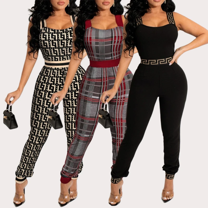 

Wholesale Clothes Women Summer Jumpsuit Plaid Print Playsuit Women Sleeveless Square Collar 1 Piece Jumpsuit