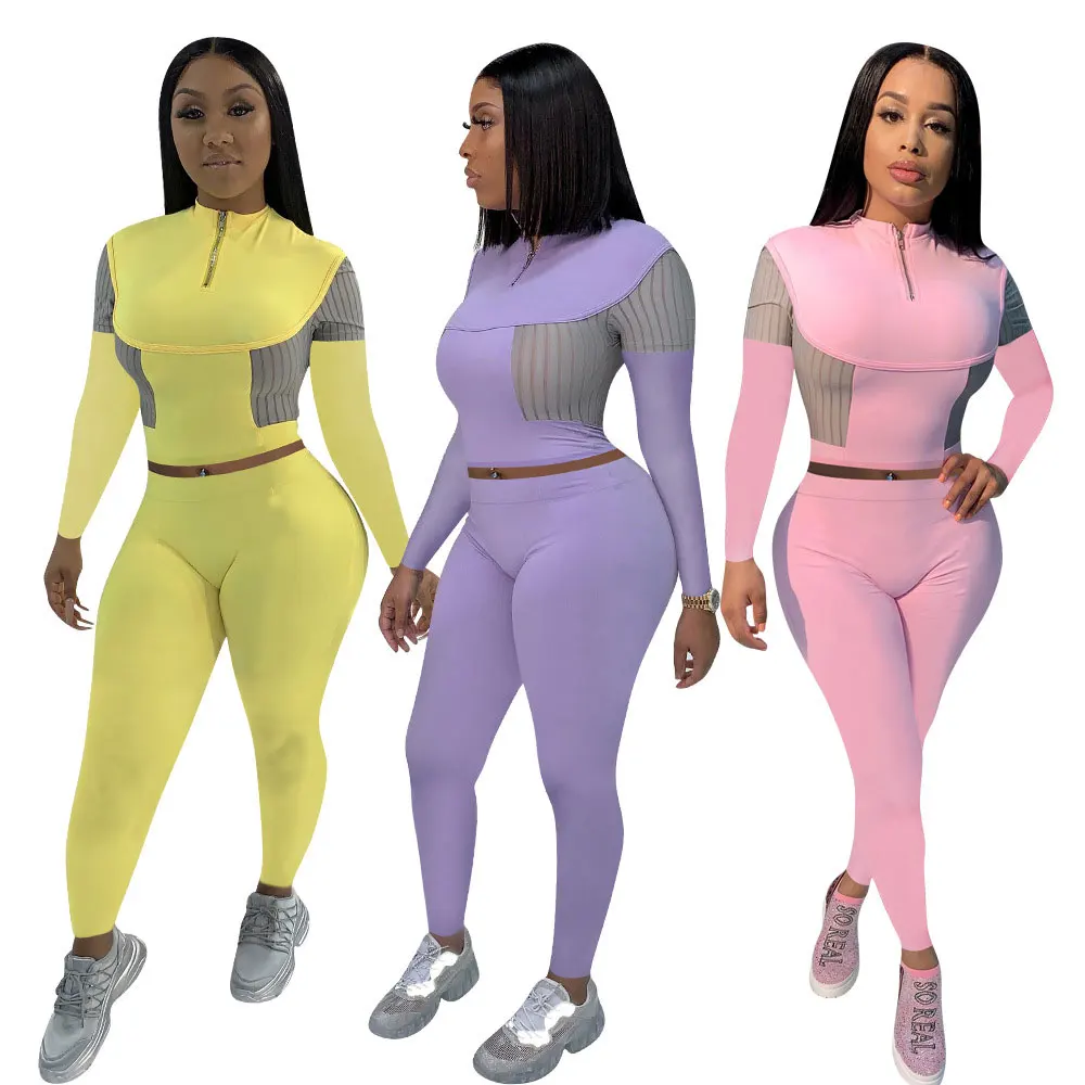 

21201-SW57 Latest 3 colors sports wear bodycon two piece jumpsuit women sehe fashion